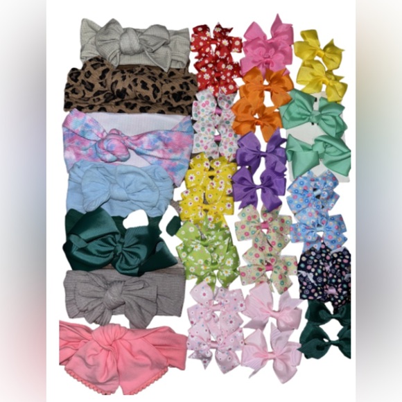 Baby bow/headband lot with pink basket - Picture 1 of 4